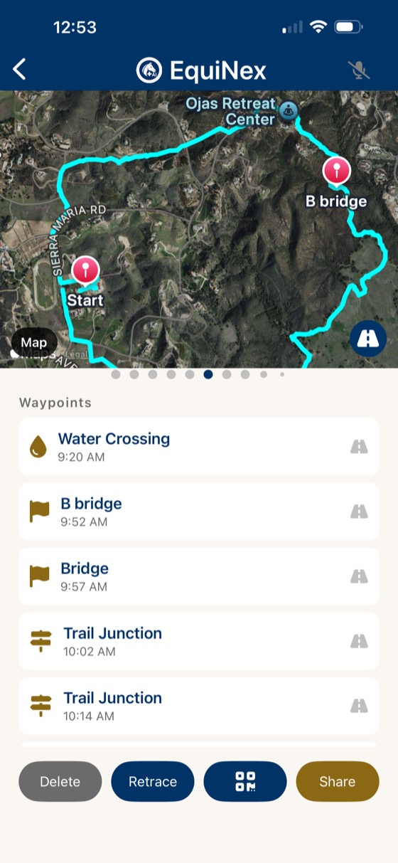 EquiNex ride map with waypoints: water crossing, bridge, trail junctions