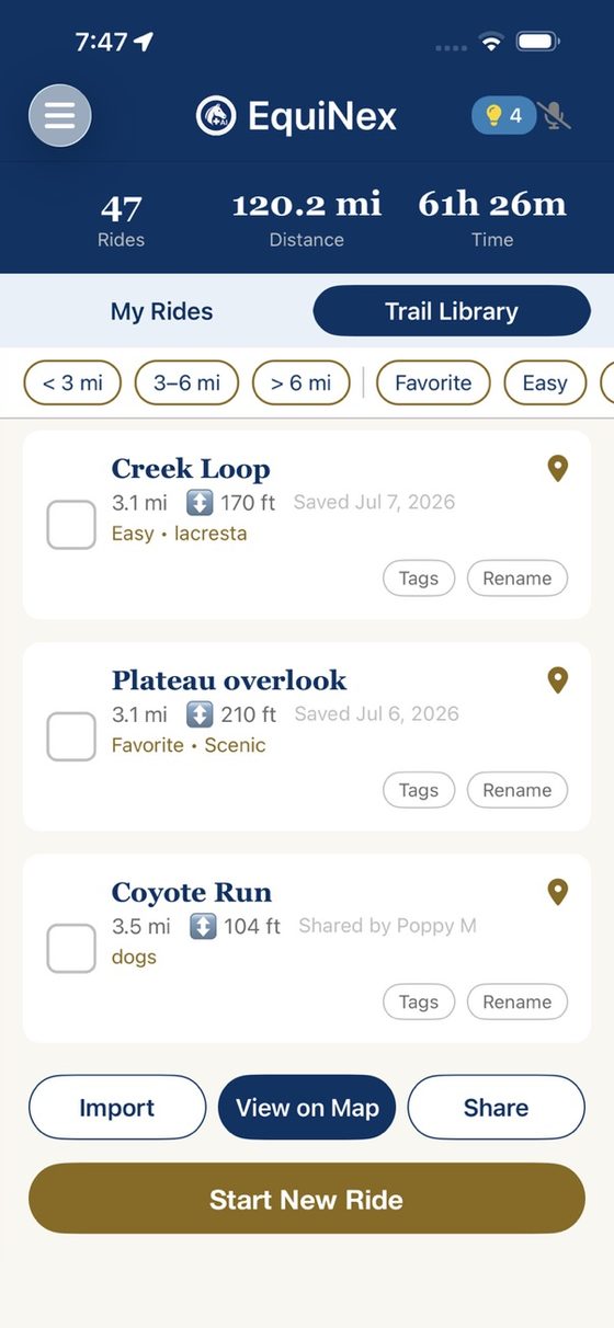 EquiNex trail library with tags, difficulty filters, and a trail shared by a friend