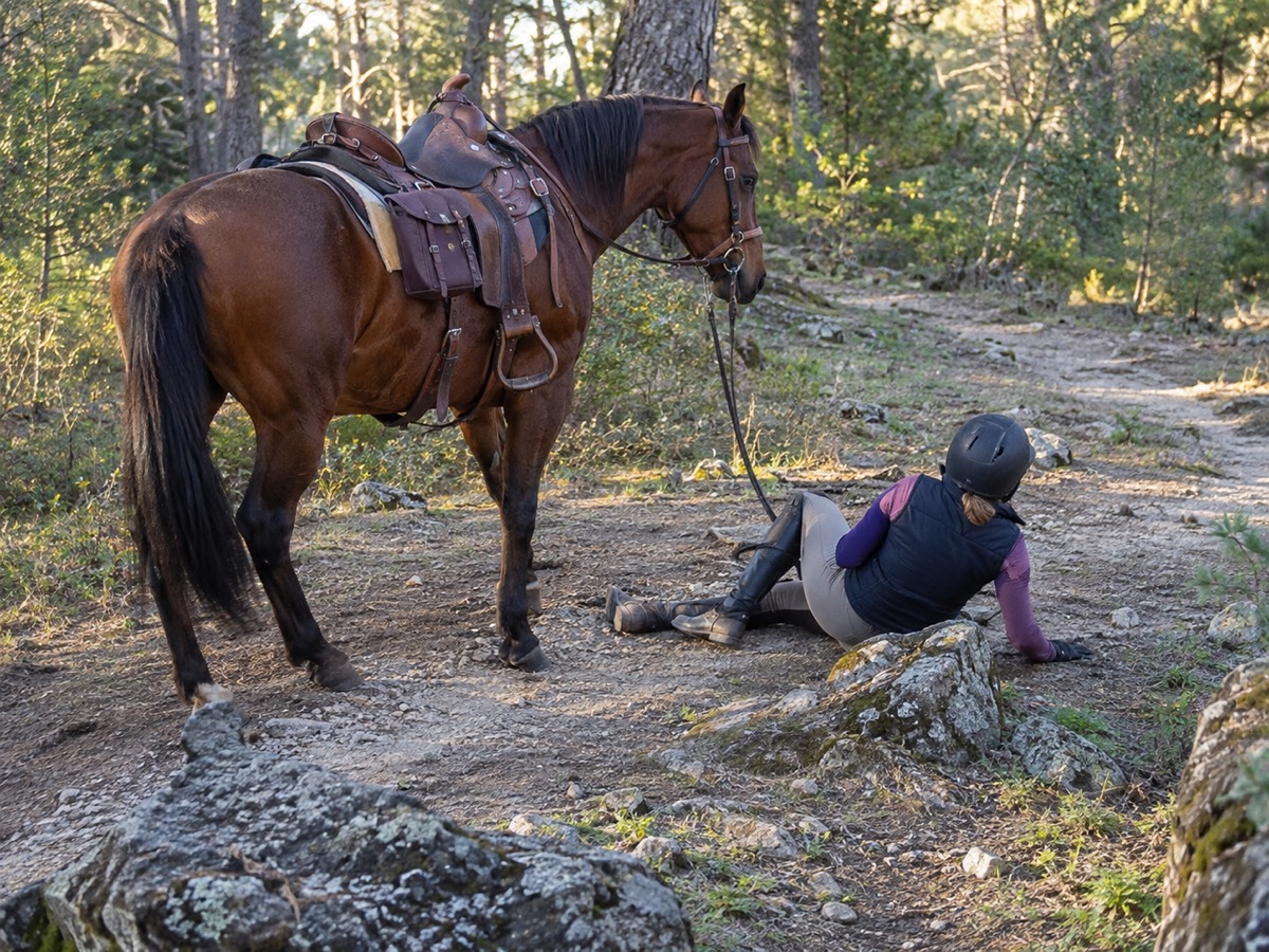 A rider in a helmet sits on a rocky forest trail after a fall, her saddled bay horse standing beside her