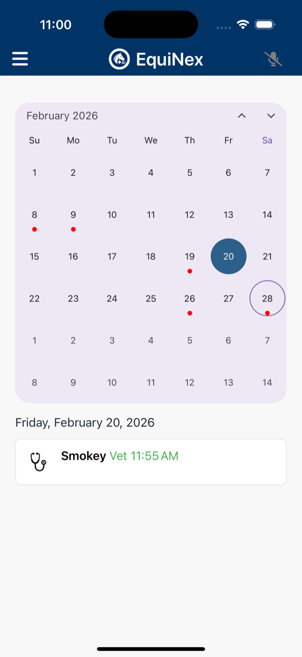 Calendar view with color-coded appointments and deworming events