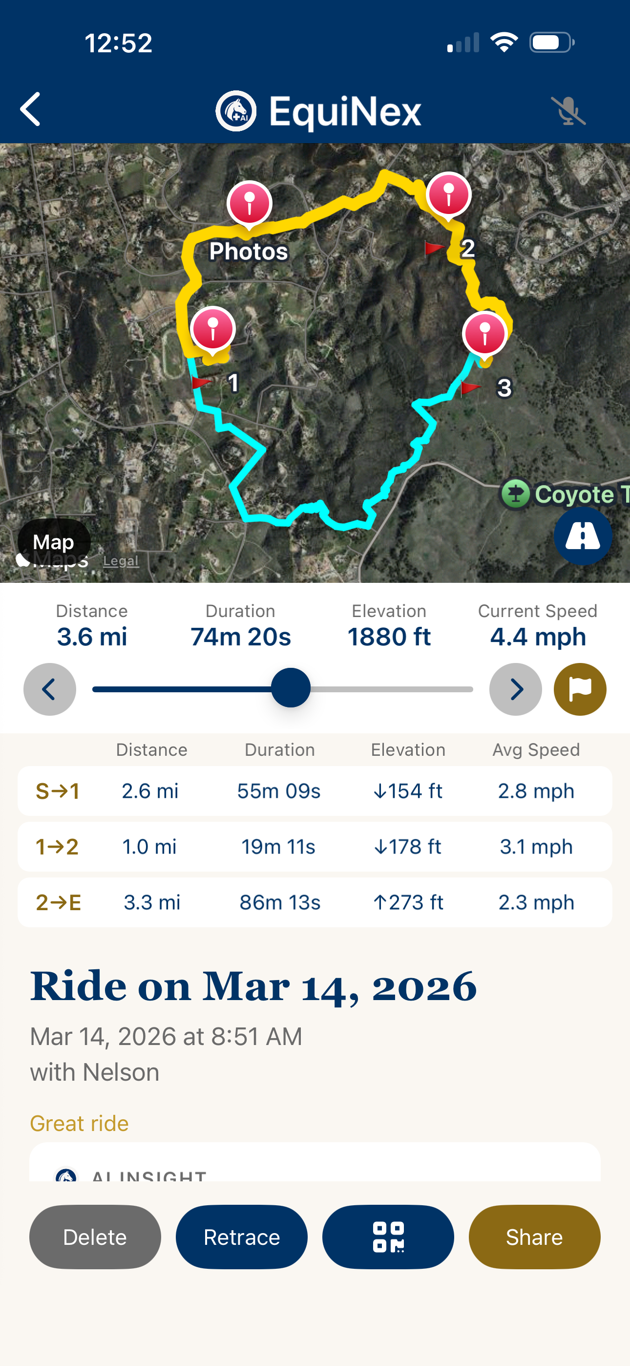 Full trail mapped on satellite view in EquiNex